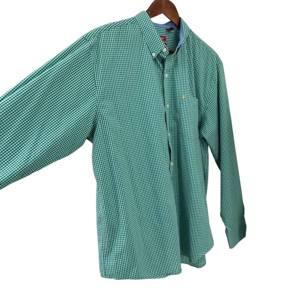 IZOD Green & White Gingham Check Non-Iron Stretch Button Down Shirt Men's Large - Picture 4 of 11